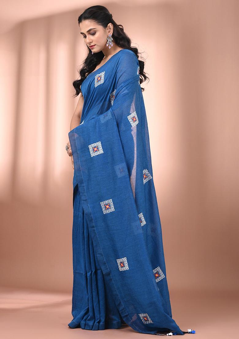 Sapphire Blue Floral Embroidery Cotton Saree Set - Indya