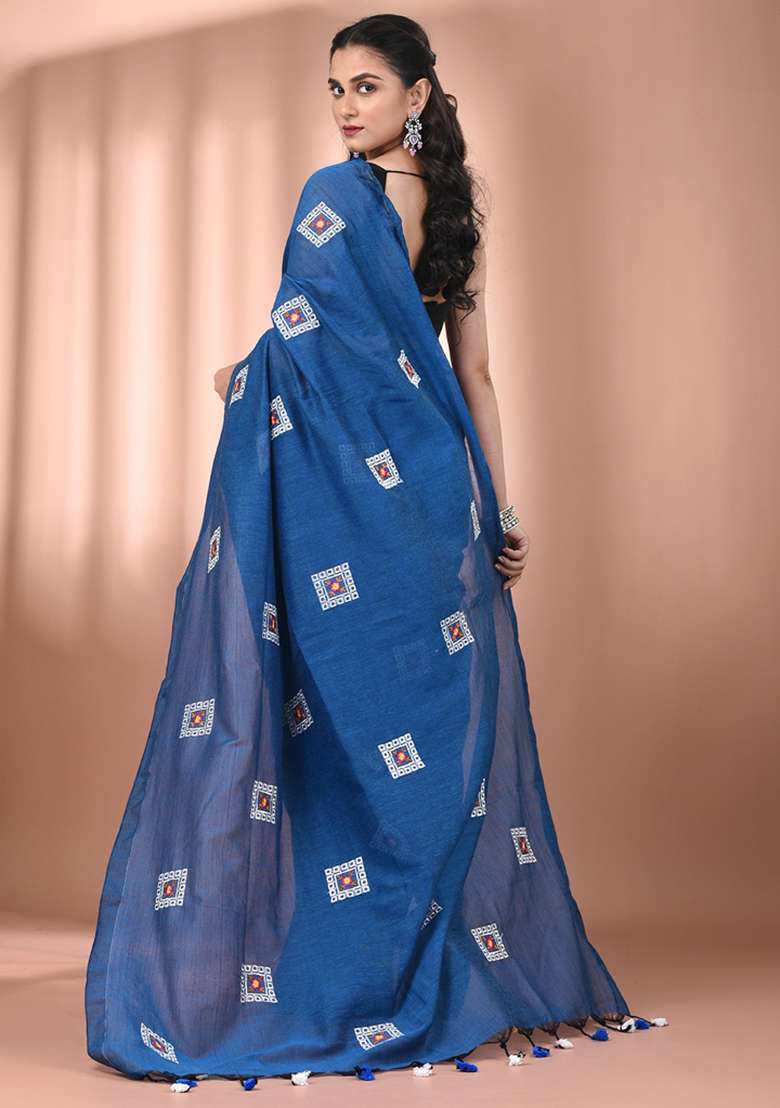 Sapphire Blue Floral Embroidery Cotton Saree Set for Diwali and Festive Wear - Indya