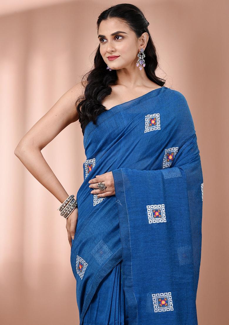 Sapphire Blue Floral Embroidery Cotton Saree Set - Indya