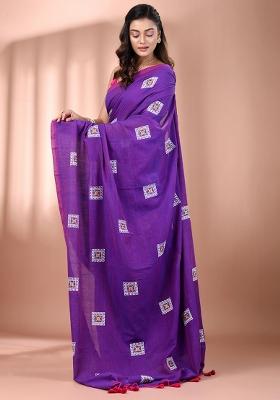 Purple Floral Embroidery Cotton Saree Set