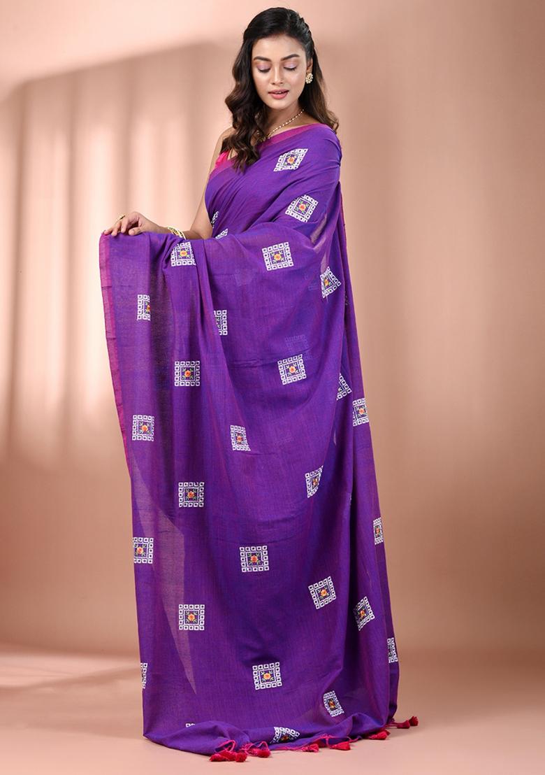Purple Floral Embroidery Cotton Saree Set - Indya