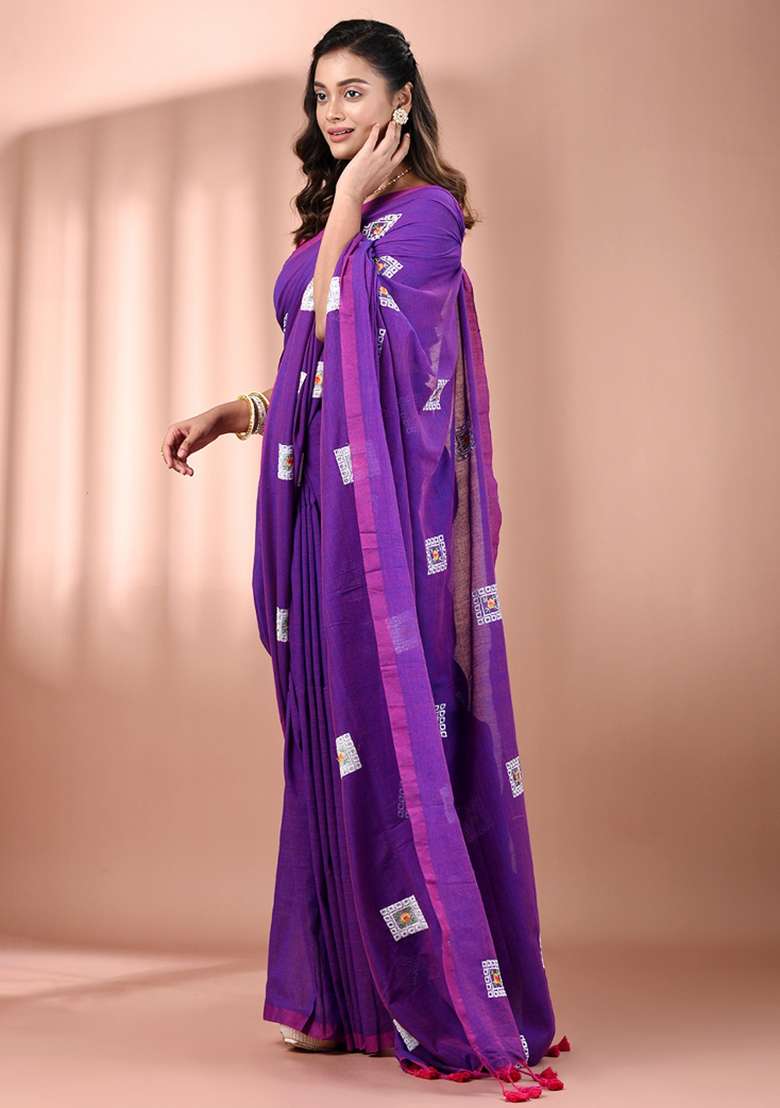Purple Floral Embroidery Cotton Saree Set for Diwali and Festive Wear - Indya