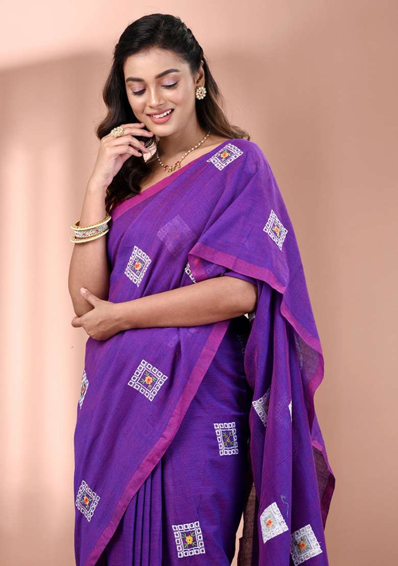 Purple Floral Embroidery Cotton Saree Set for Diwali and Festive Wear - Indya