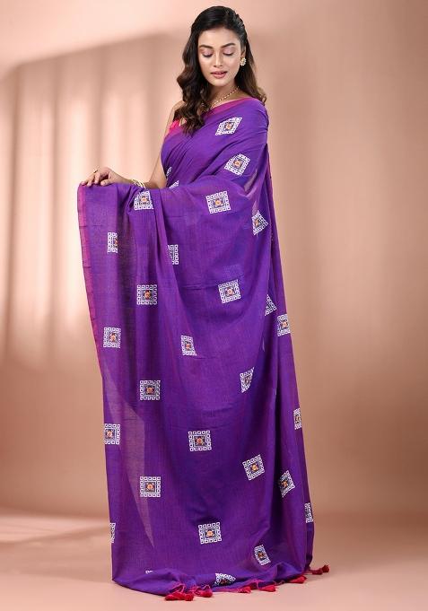 Purple Floral Embroidery Cotton Saree Set
