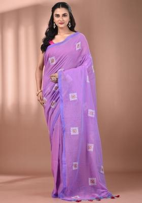 Lilac Floral Embroidery Cotton Saree Set
