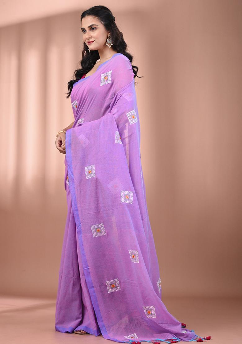 Lilac Floral Embroidery Cotton Saree Set - Indya