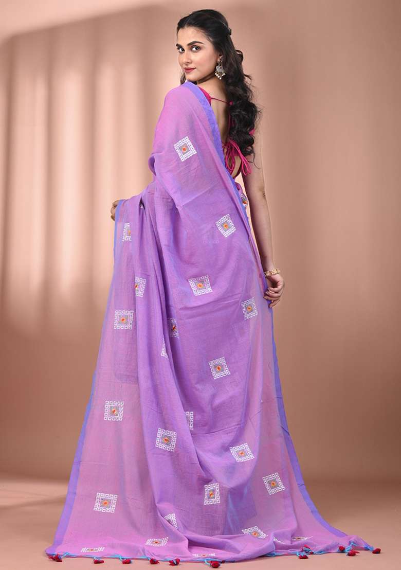 Lilac Floral Embroidery Cotton Saree Set for Diwali and Festive Wear - Indya