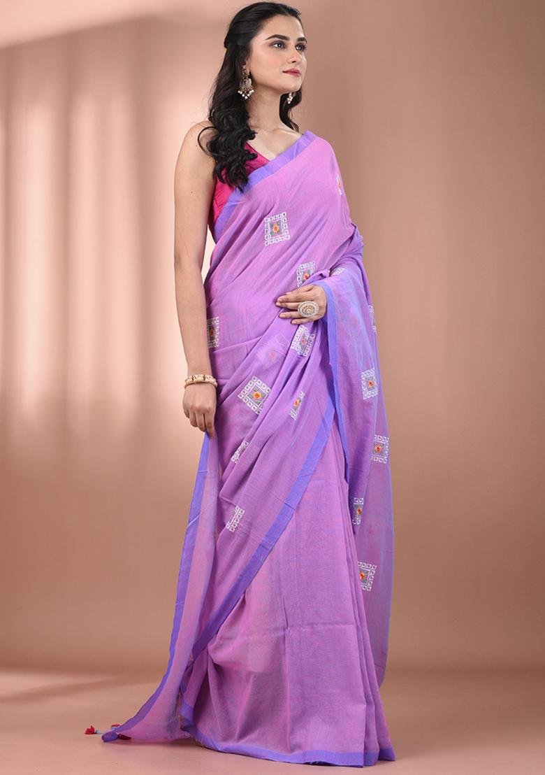 Lilac Floral Embroidery Cotton Saree Set - Indya