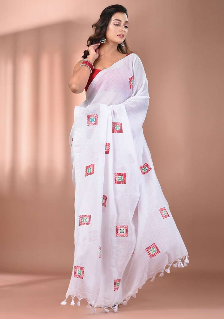 White Floral Embroidery Cotton Saree Set for Diwali and Festive Wear - Indya