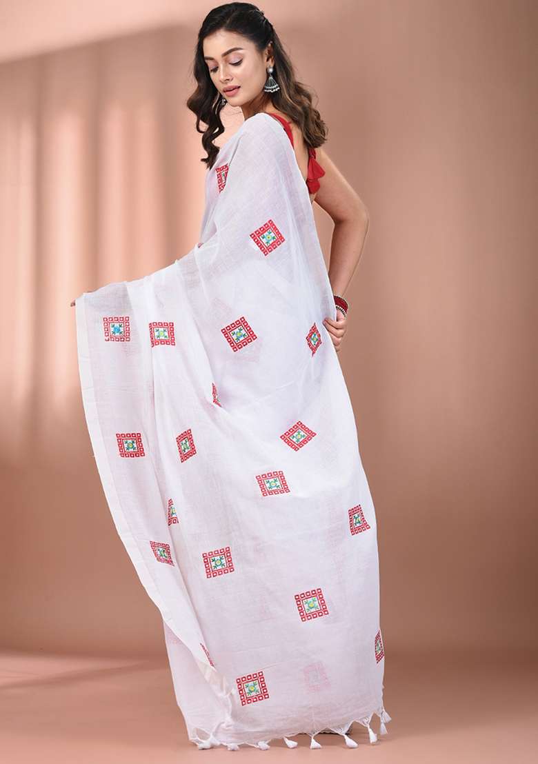 White Floral Embroidery Cotton Saree Set for Diwali and Festive Wear - Indya