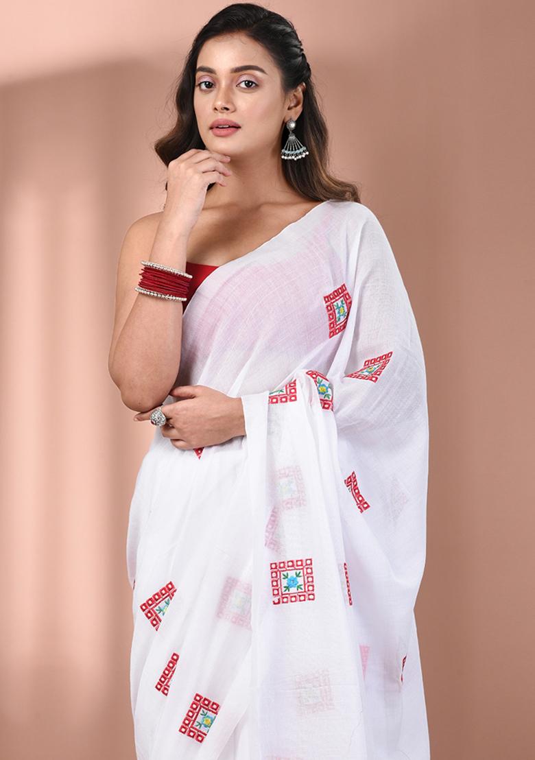 White Floral Embroidery Cotton Saree Set - Indya