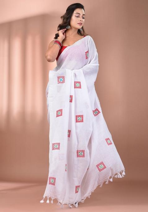 White Floral Embroidery Cotton Saree Set