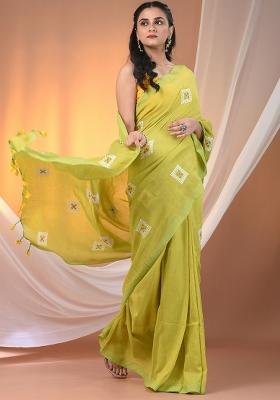 Lime Green Floral Embroidery Cotton Saree Set