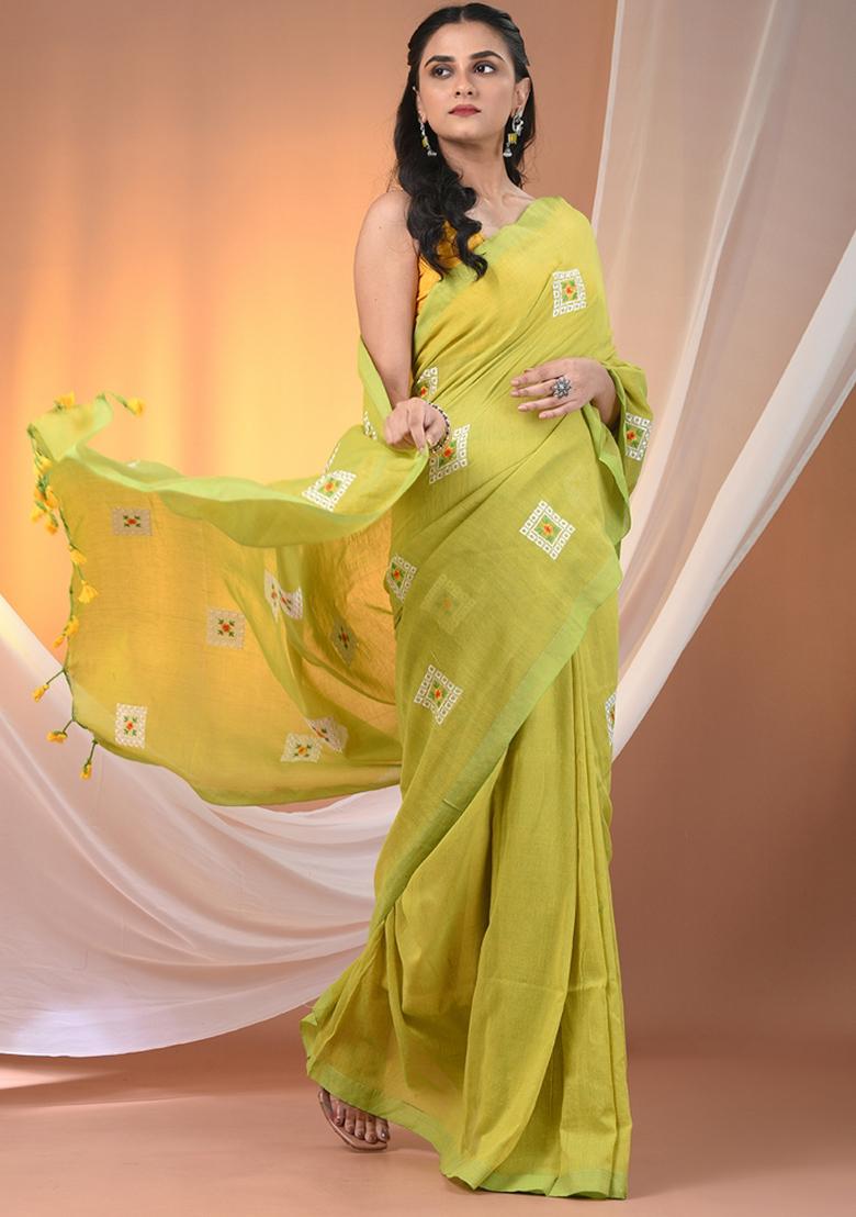 Lime Green Floral Embroidery Cotton Saree Set - Indya