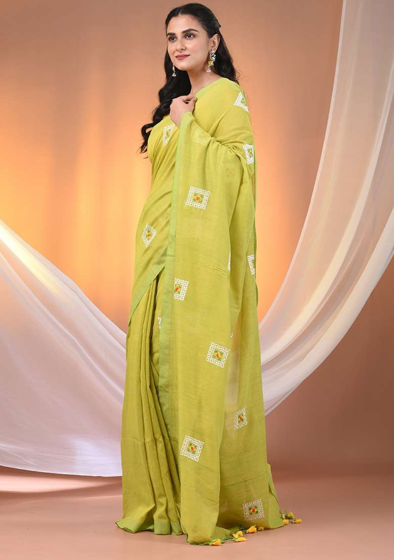 Lime Green Floral Cotton Saree Set with Embroidery for Diwali | Wedding & Festive Wear - Indya