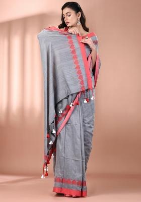 Grey Floral Embroidery Cotton Saree Set
