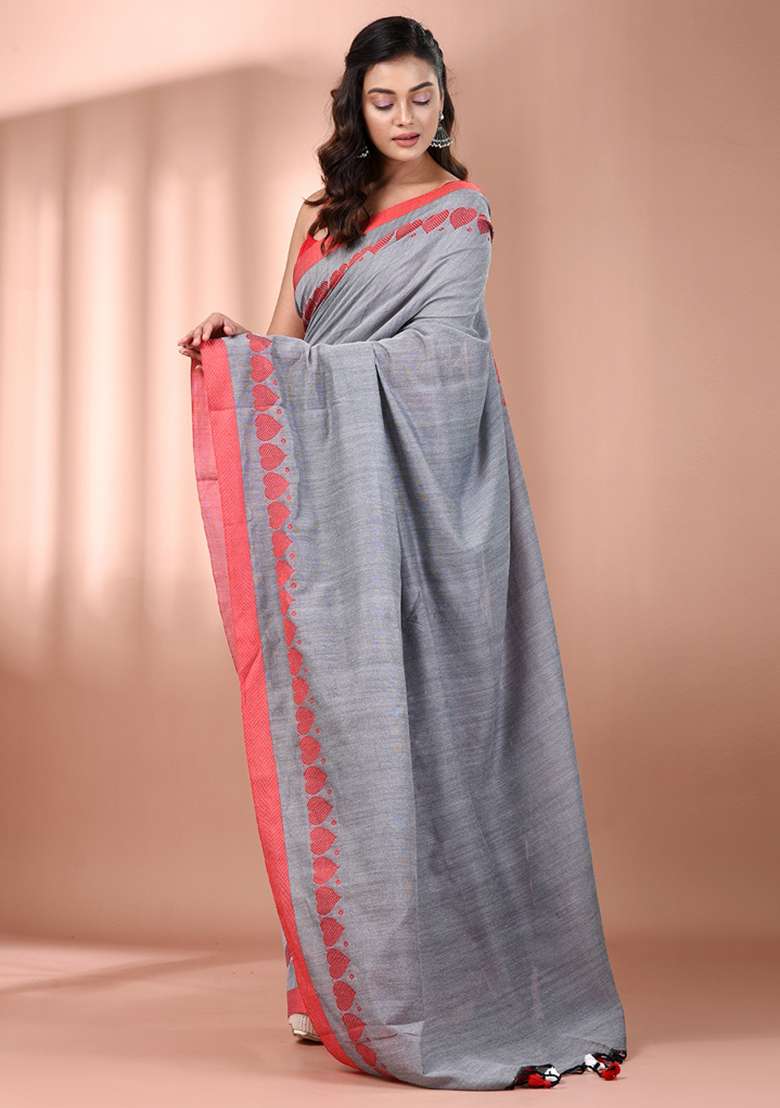 Grey Floral Embroidery Cotton Saree Set for Diwali and Festive Wear - Indya