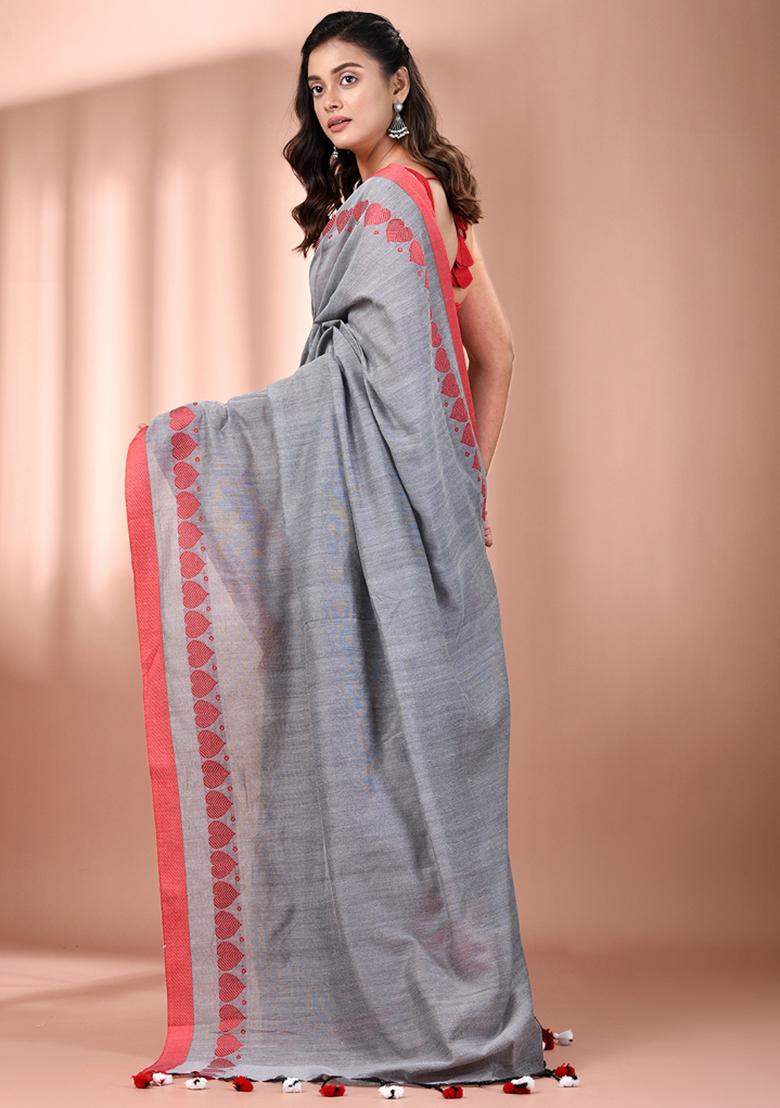 Grey Floral Embroidery Cotton Saree Set - Indya