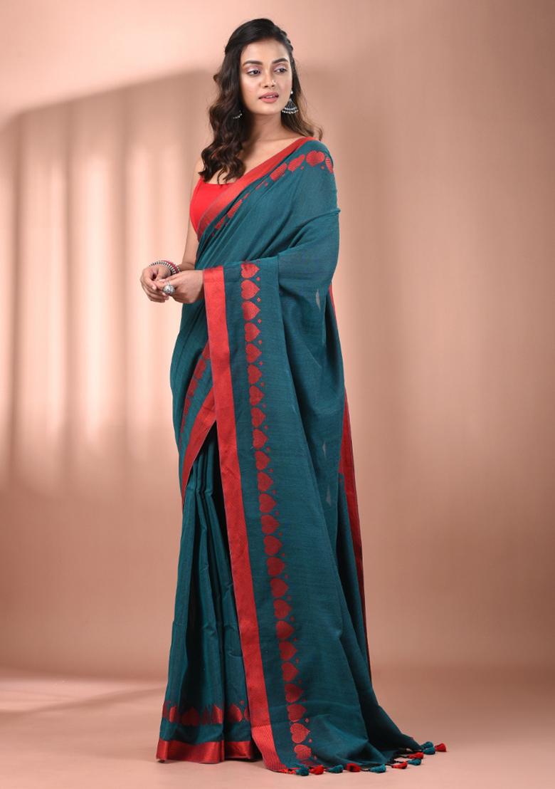 Teal Floral Embroidery Cotton Saree Set - Indya