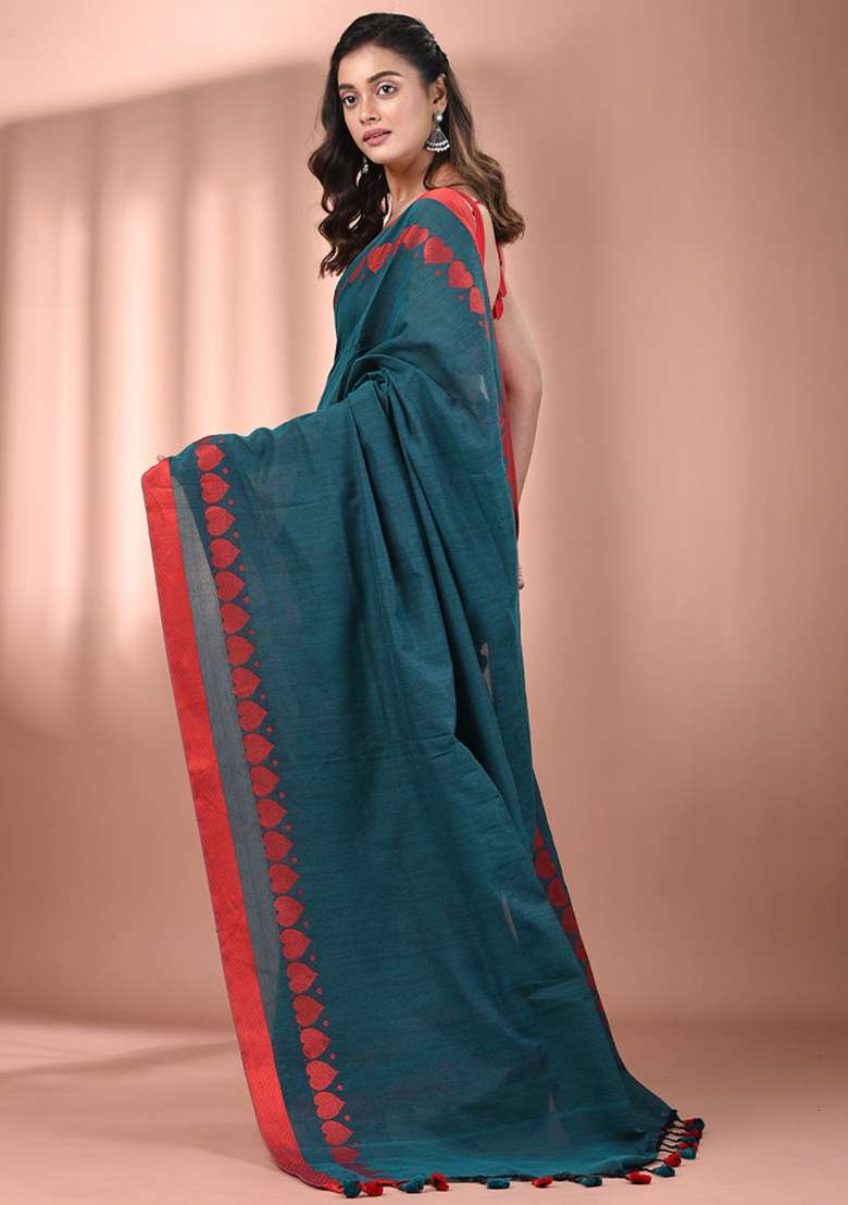 Teal Floral Embroidery Cotton Saree Set for Diwali and Festive Wear - Indya