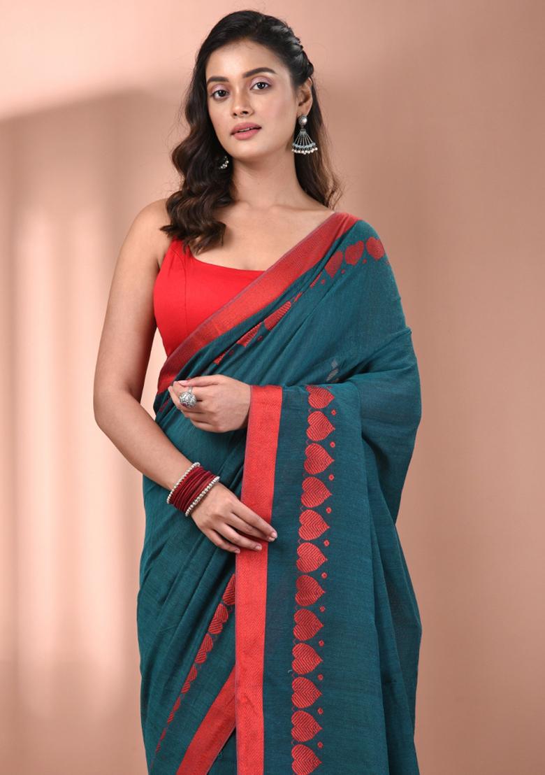 Teal Floral Embroidery Cotton Saree Set - Indya