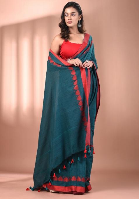 Teal Floral Embroidery Cotton Saree Set