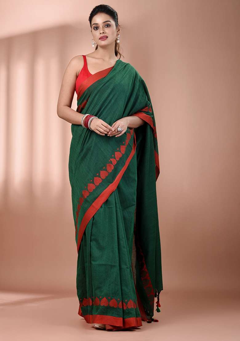 Green Floral Cotton Saree Set with Embroidery for Diwali | Wedding & Festive Wear - Indya