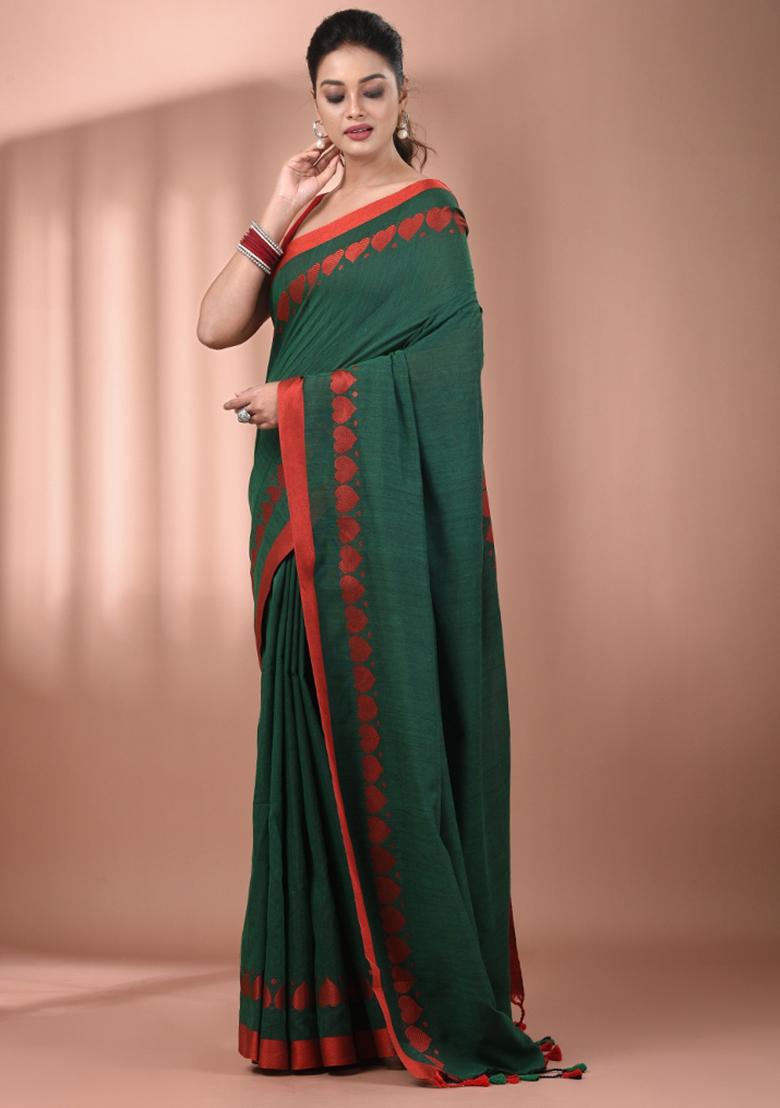 Green Floral Embroidery Cotton Saree Set - Indya