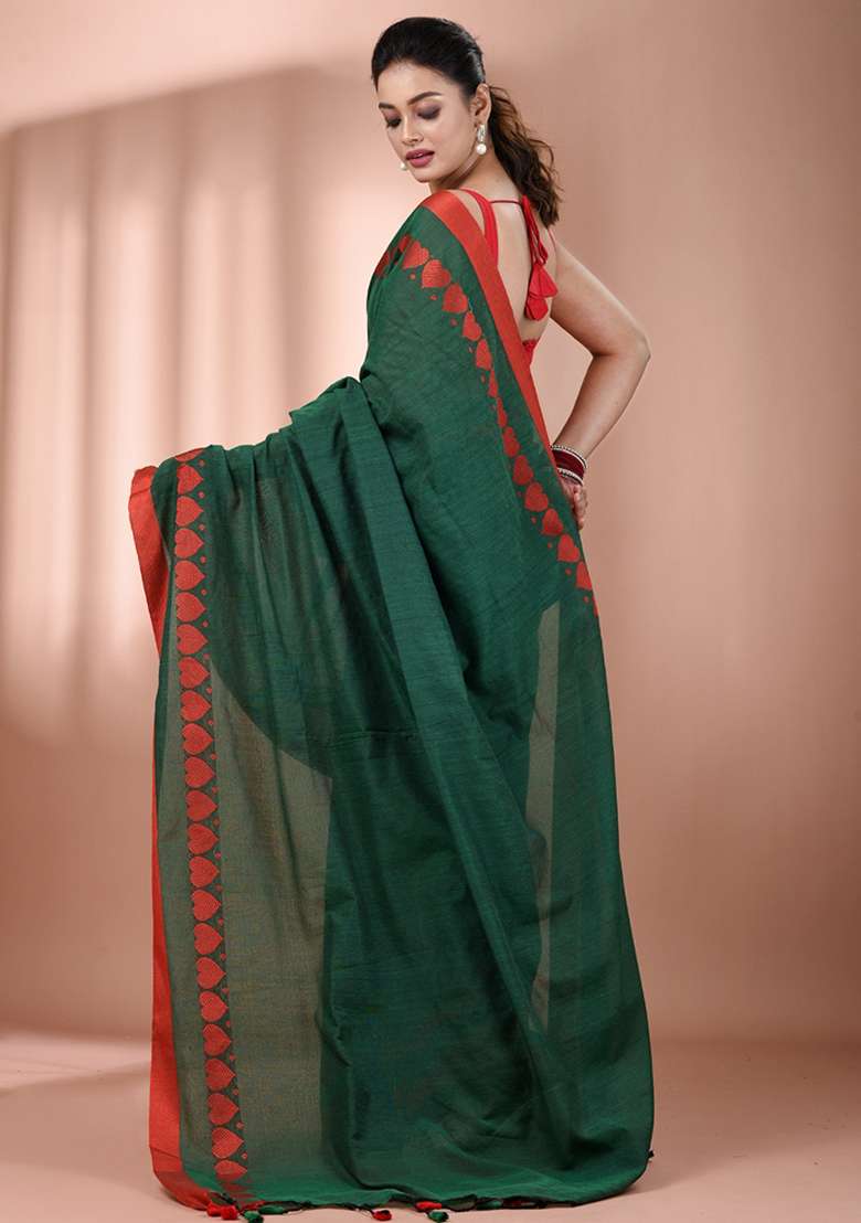 Green Floral Cotton Saree Set with Embroidery for Diwali | Wedding & Festive Wear - Indya