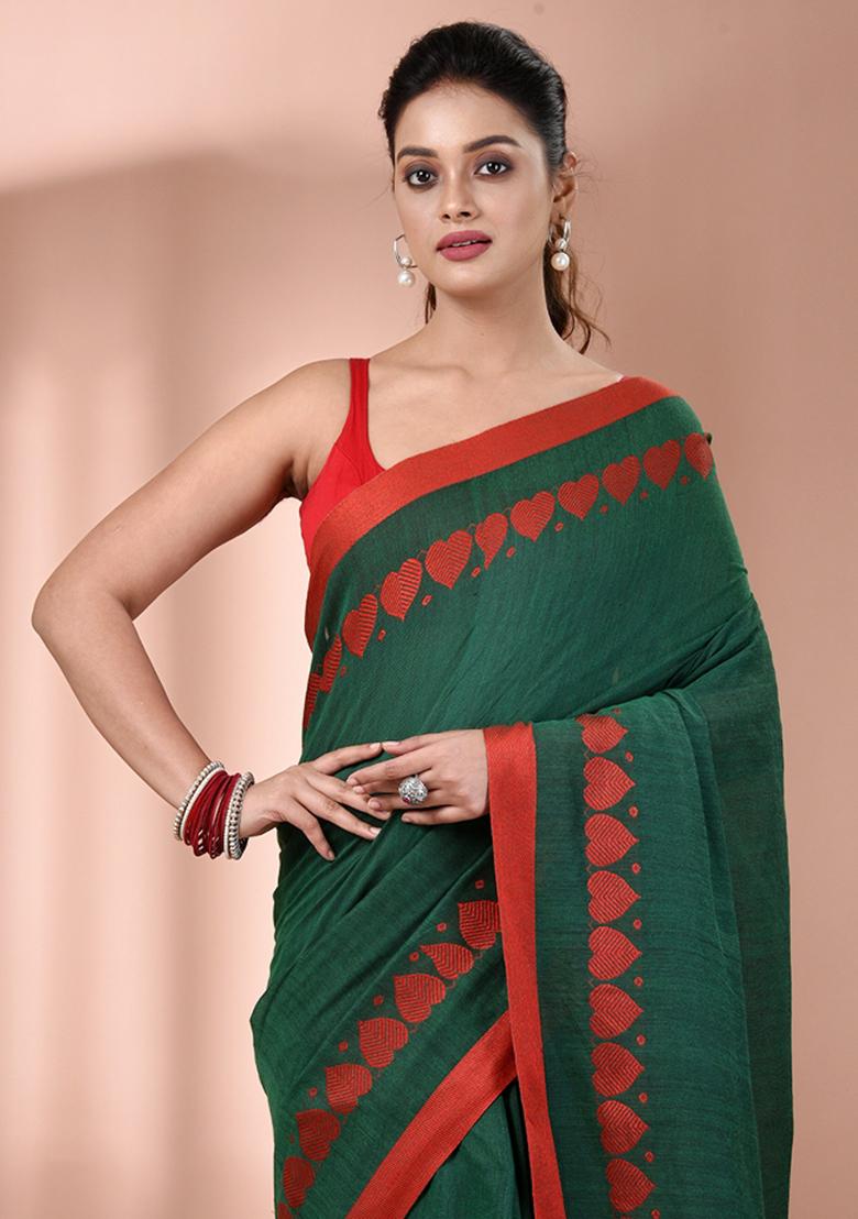 Green Floral Embroidery Cotton Saree Set - Indya