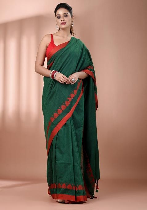 Green Floral Embroidery Cotton Saree Set
