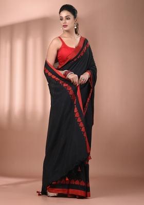Black Floral Embroidery Cotton Saree Set