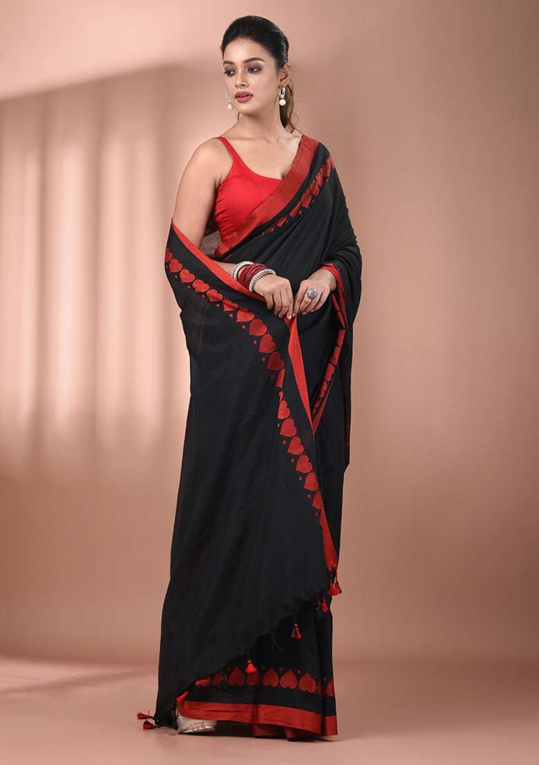 Black Floral Cotton Saree Set with Embroidery for Diwali | Wedding & Festive Wear - Indya