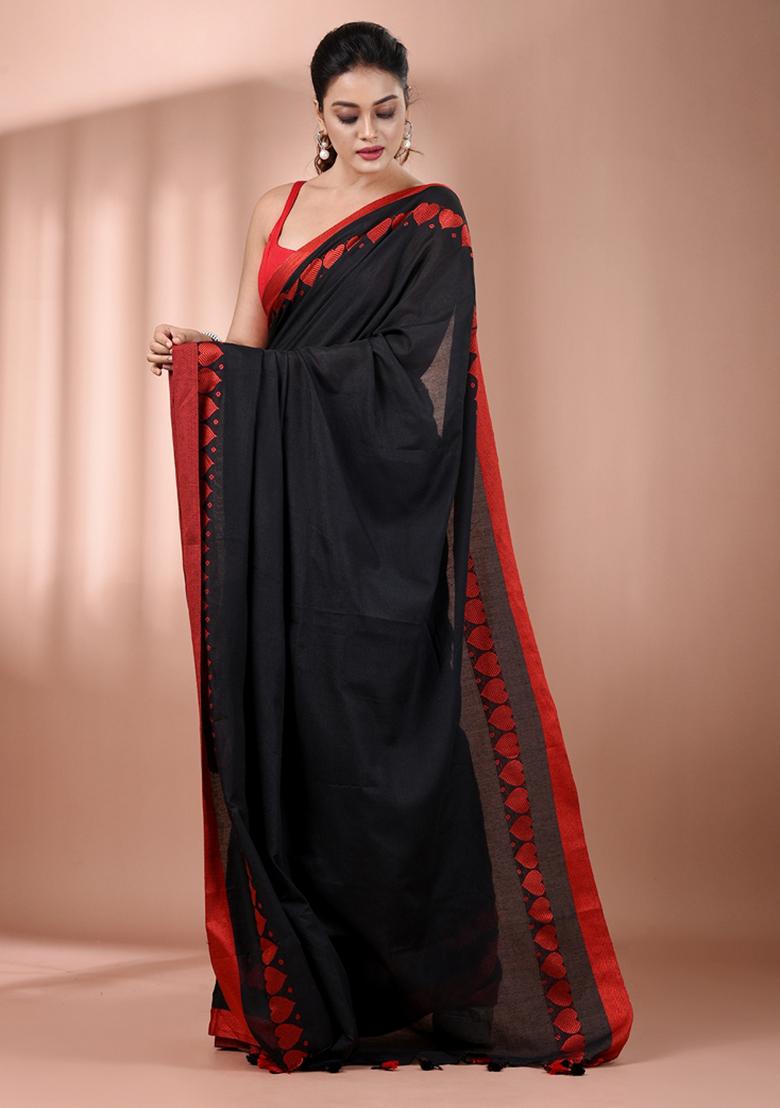 Black Floral Embroidery Cotton Saree Set - Indya