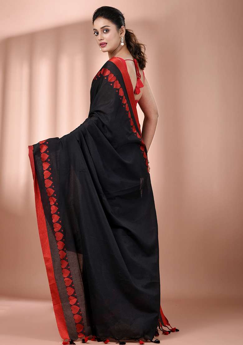 Black Floral Cotton Saree Set with Embroidery for Diwali | Wedding & Festive Wear - Indya