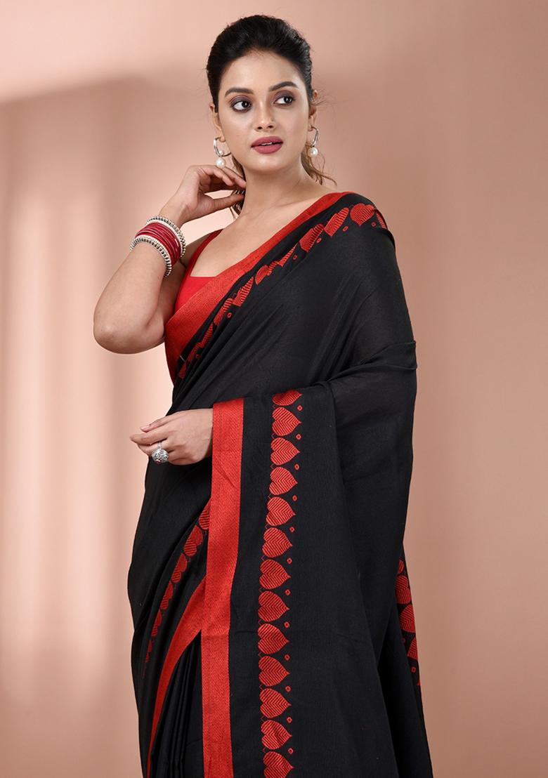 Black Floral Embroidery Cotton Saree Set - Indya