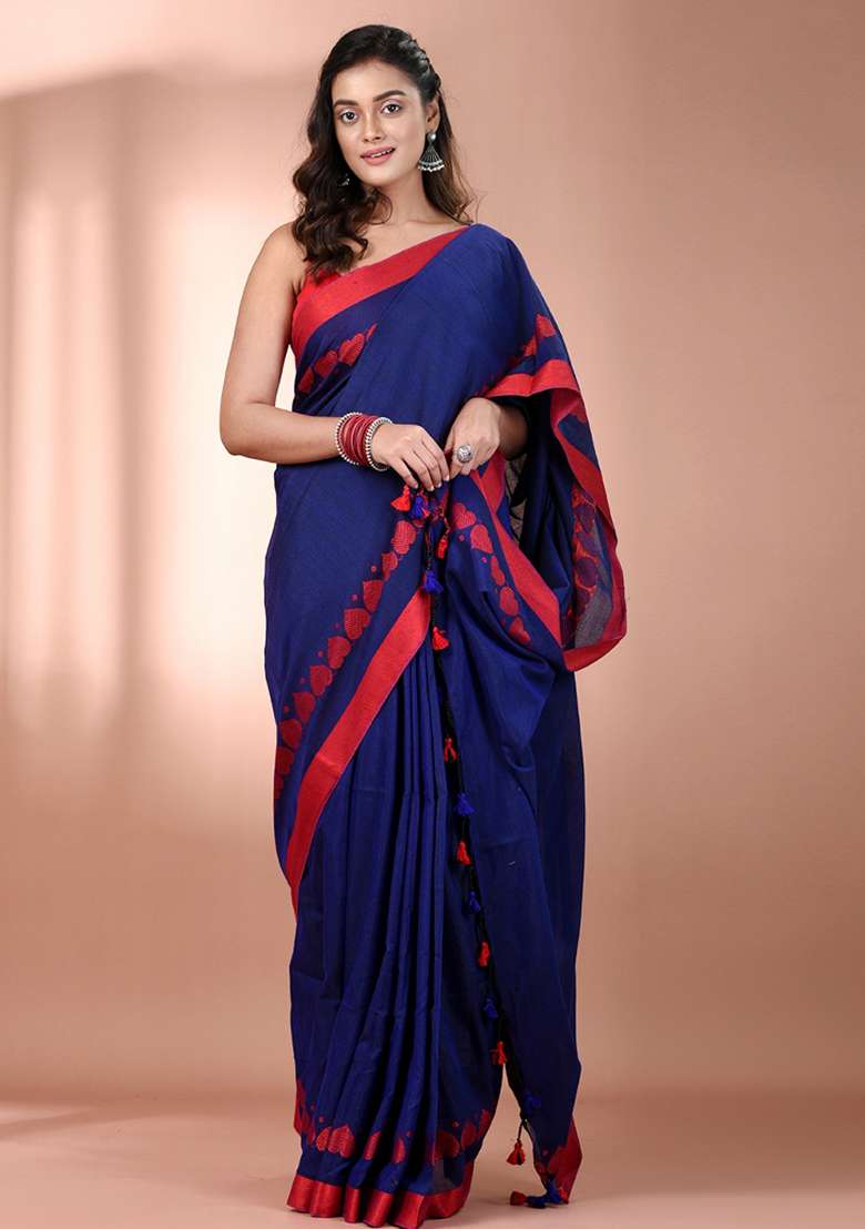 Royal Blue Floral Embroidery Cotton Saree Set for Diwali and Festive Wear - Indya