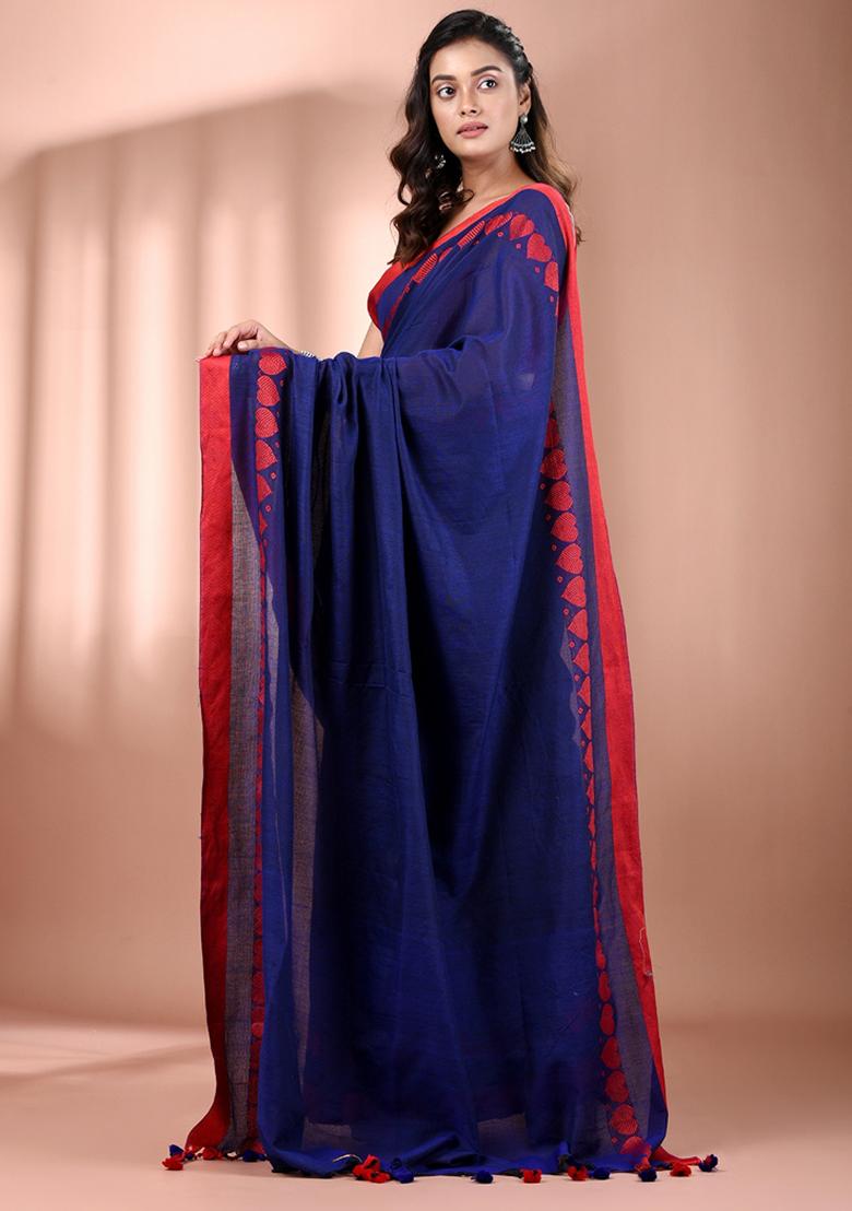 Royal Blue Floral Embroidery Cotton Saree Set - Indya