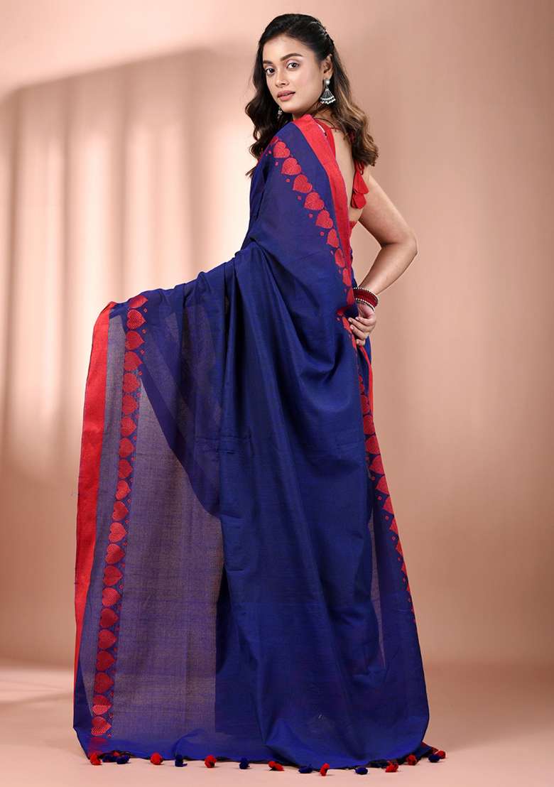 Royal Blue Floral Embroidery Cotton Saree Set for Diwali and Festive Wear - Indya