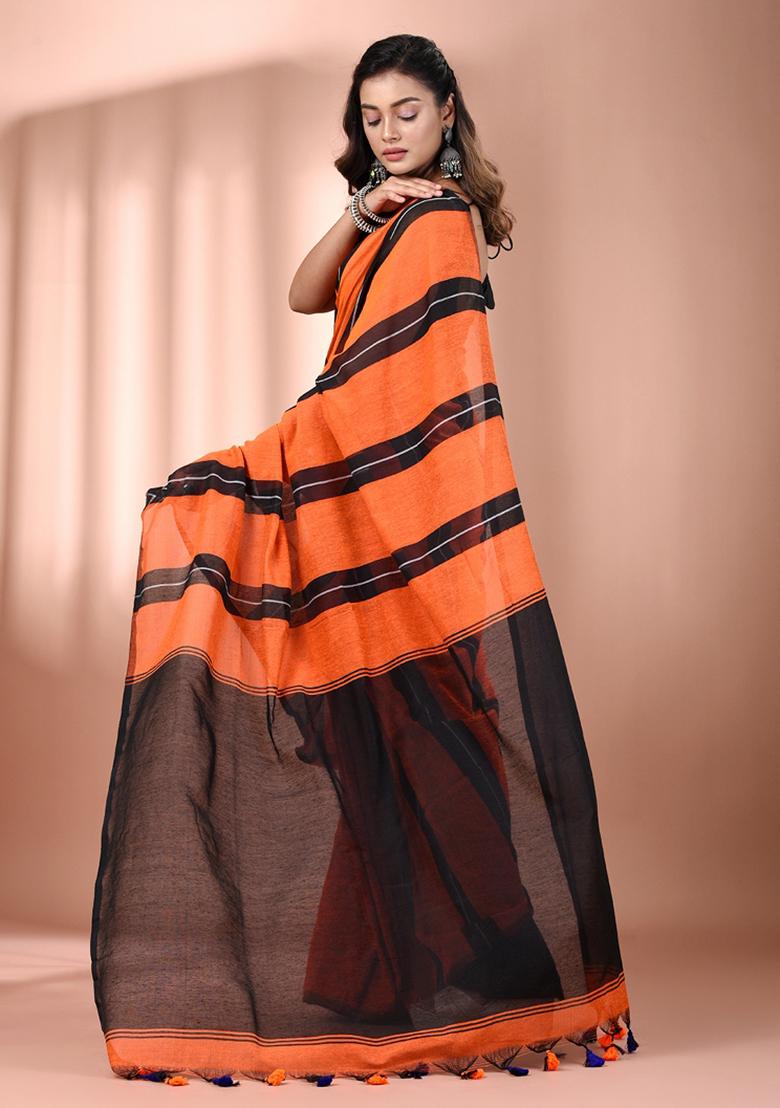 Orange Floral Embroidery Cotton Saree Set - Indya