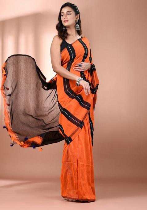 Orange Floral Embroidery Cotton Saree Set