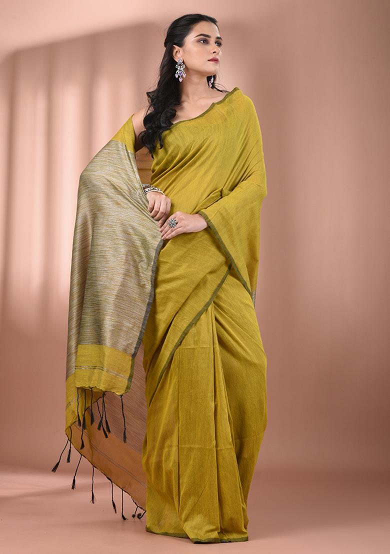 Corn Yellow Floral Embroidery Cotton Saree Set