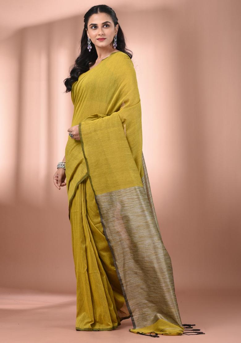 Corn Yellow Floral Embroidery Cotton Saree Set