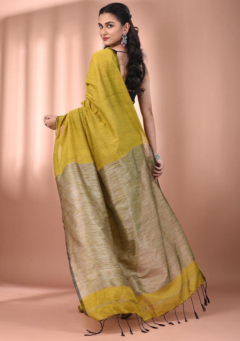 Corn Yellow Floral Embroidery Cotton Saree Set
