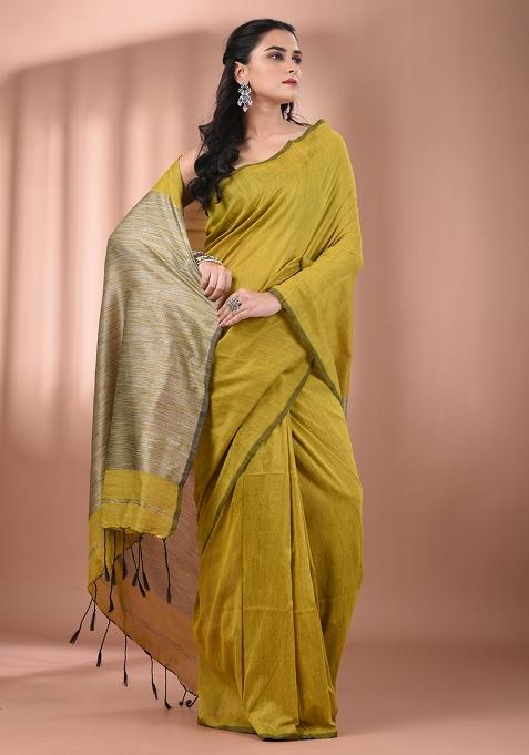Corn Yellow Floral Embroidery Cotton Saree Set