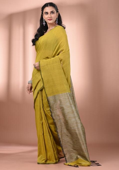 Corn Yellow Floral Embroidery Cotton Saree Set