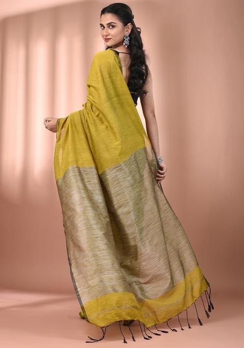 Corn Yellow Floral Embroidery Cotton Saree Set