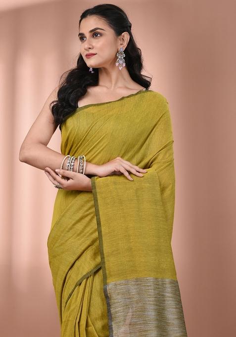 Corn Yellow Floral Embroidery Cotton Saree Set