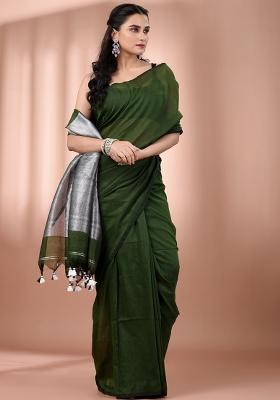 Forest Green Floral Embroidery Cotton Saree Set