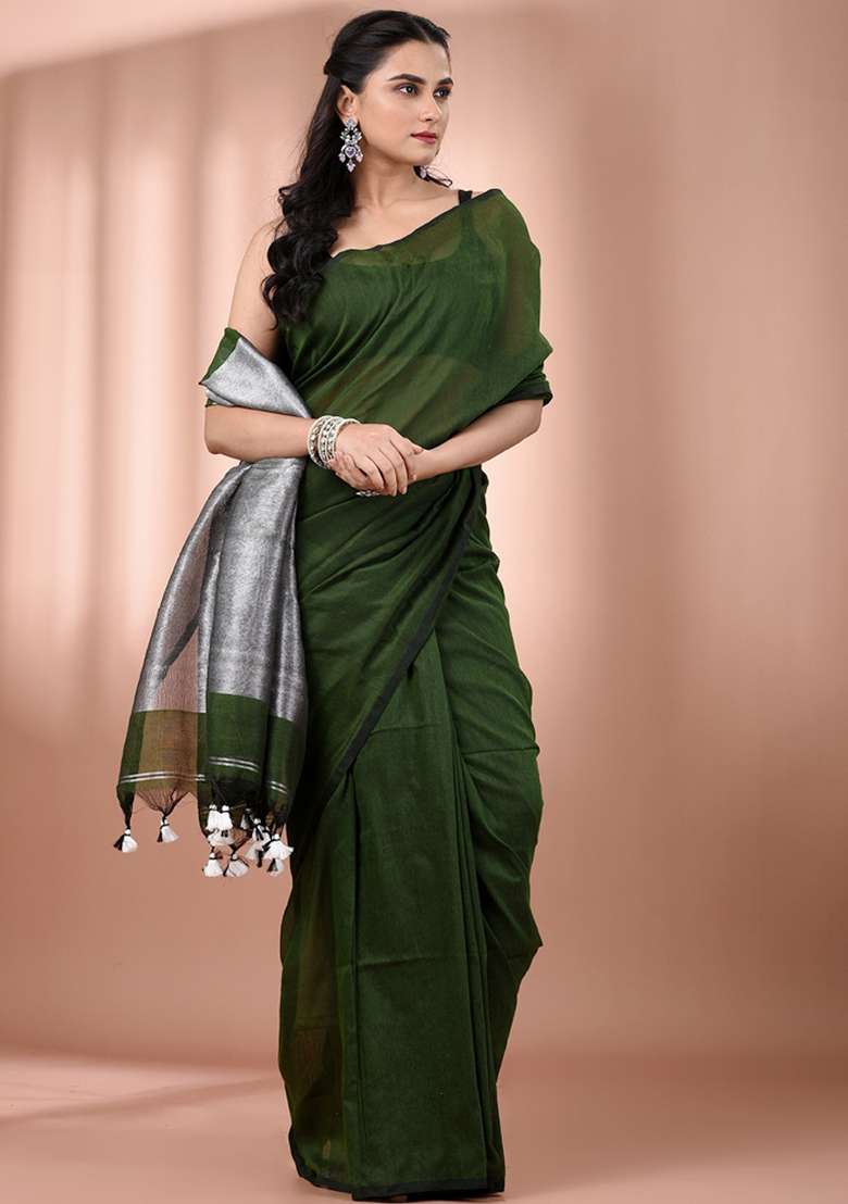 Forest Green Floral Cotton Saree Set with Embroidery for Diwali | Wedding & Festive Wear - Indya